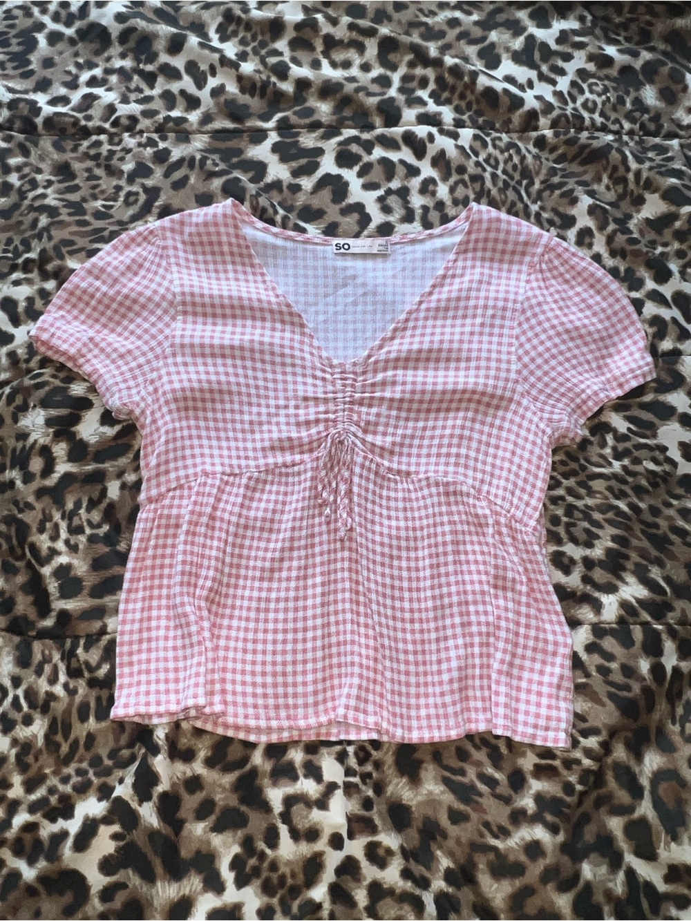 SO Pink Gingham V-Neck Ruched Babydoll Top